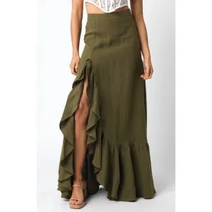 NEW OLIVACEOUS giselle linen maxi skirt in olive green