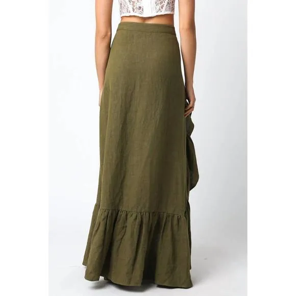 NEW OLIVACEOUS giselle linen maxi skirt in olive green