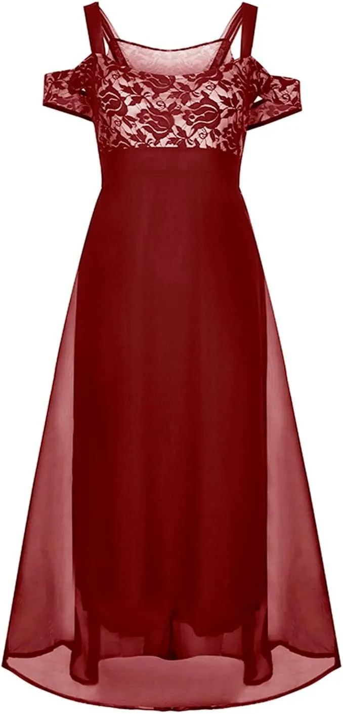 NEW Women Plus Size Cold Shoulder Floral Lace Maxi Party Evening Camis Long Dress Casual Skirts for Women 2024, Wine, Sz 3XL