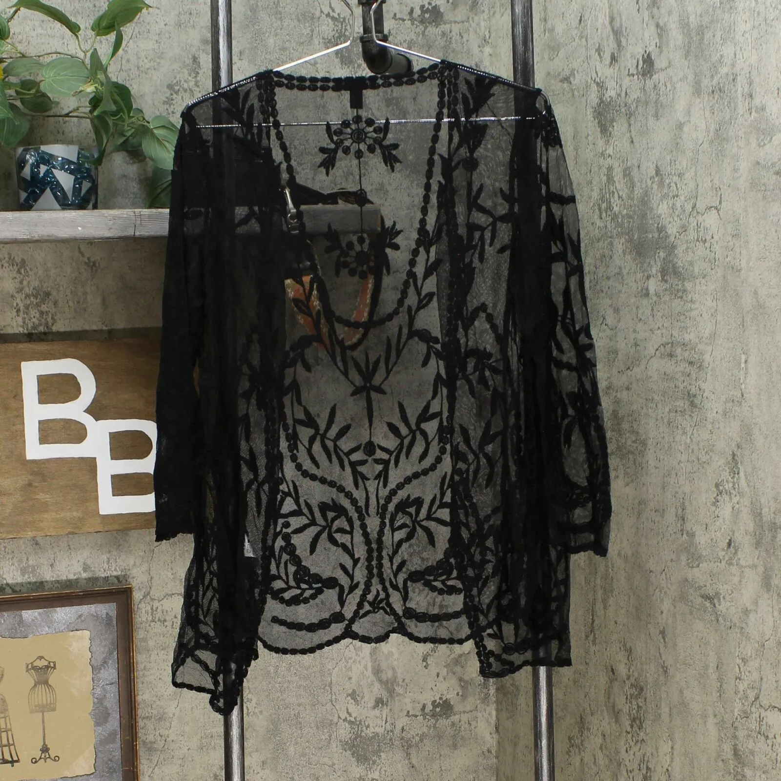Nina Leonard Women's 3/4-Sleeve Embroidery Mesh Topper Black XS