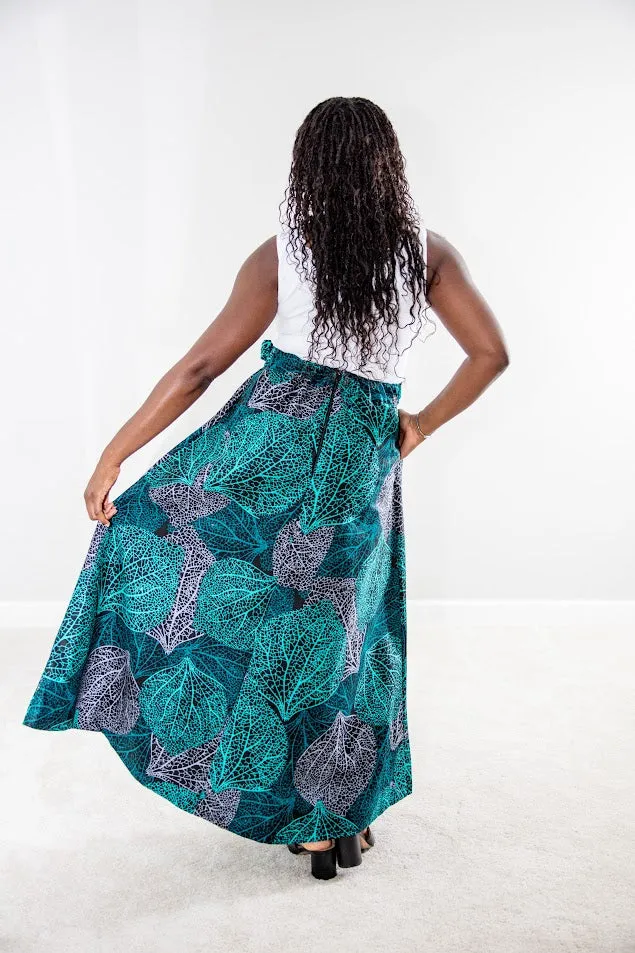 Nuru Maxi Skirt- Teal water leaf print