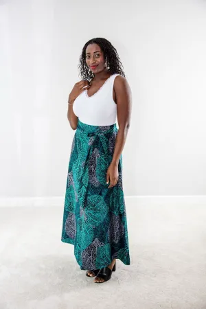 Nuru Maxi Skirt- Teal water leaf print