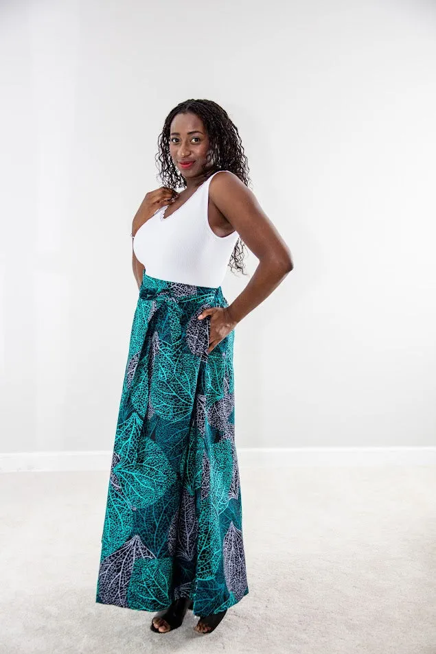 Nuru Maxi Skirt- Teal water leaf print