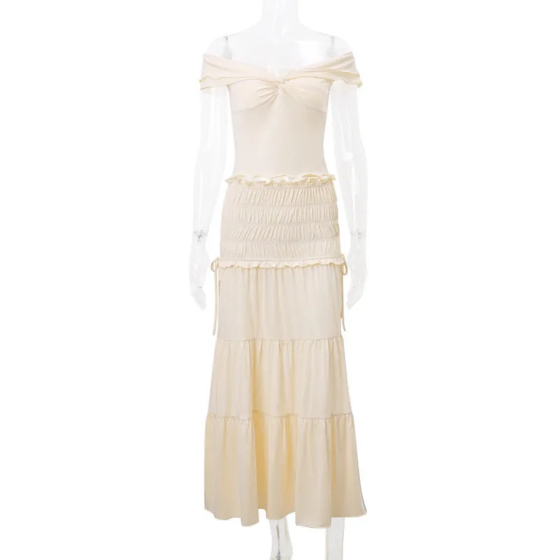 Off the Shoulder Ruffle Trim Top and Matching Tiered Skirt Set