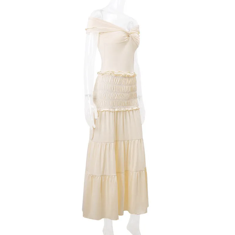 Off the Shoulder Ruffle Trim Top and Matching Tiered Skirt Set