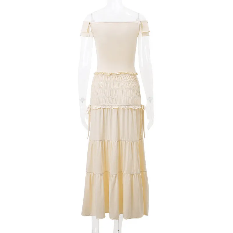 Off the Shoulder Ruffle Trim Top and Matching Tiered Skirt Set