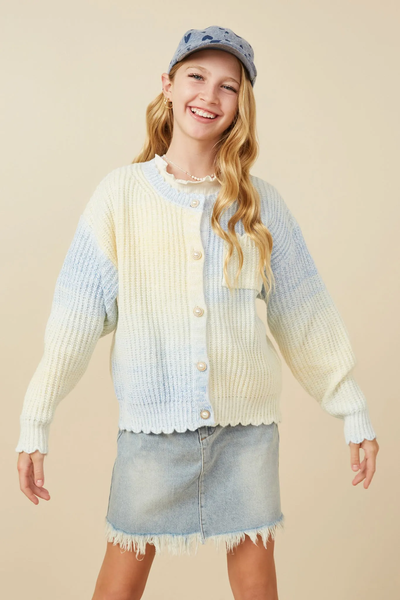 Ombre Scallop Finish Statement Button Sweater Cardigan
