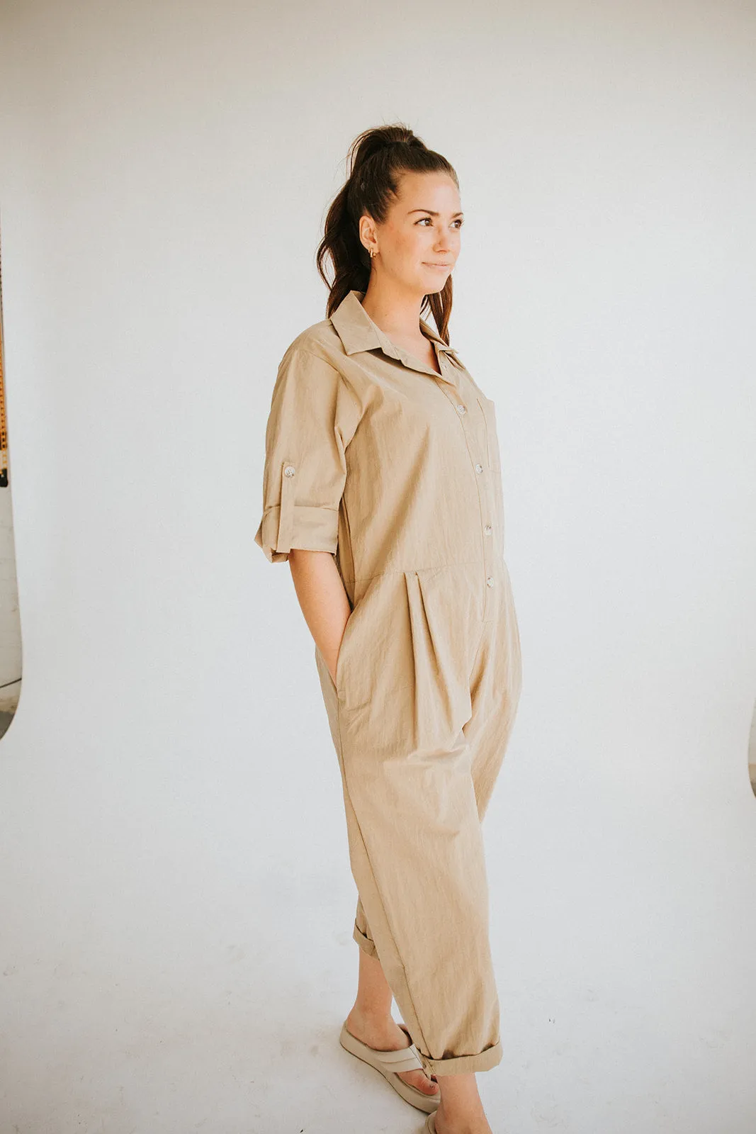 Oversized Utility Jumpsuit-Taupe