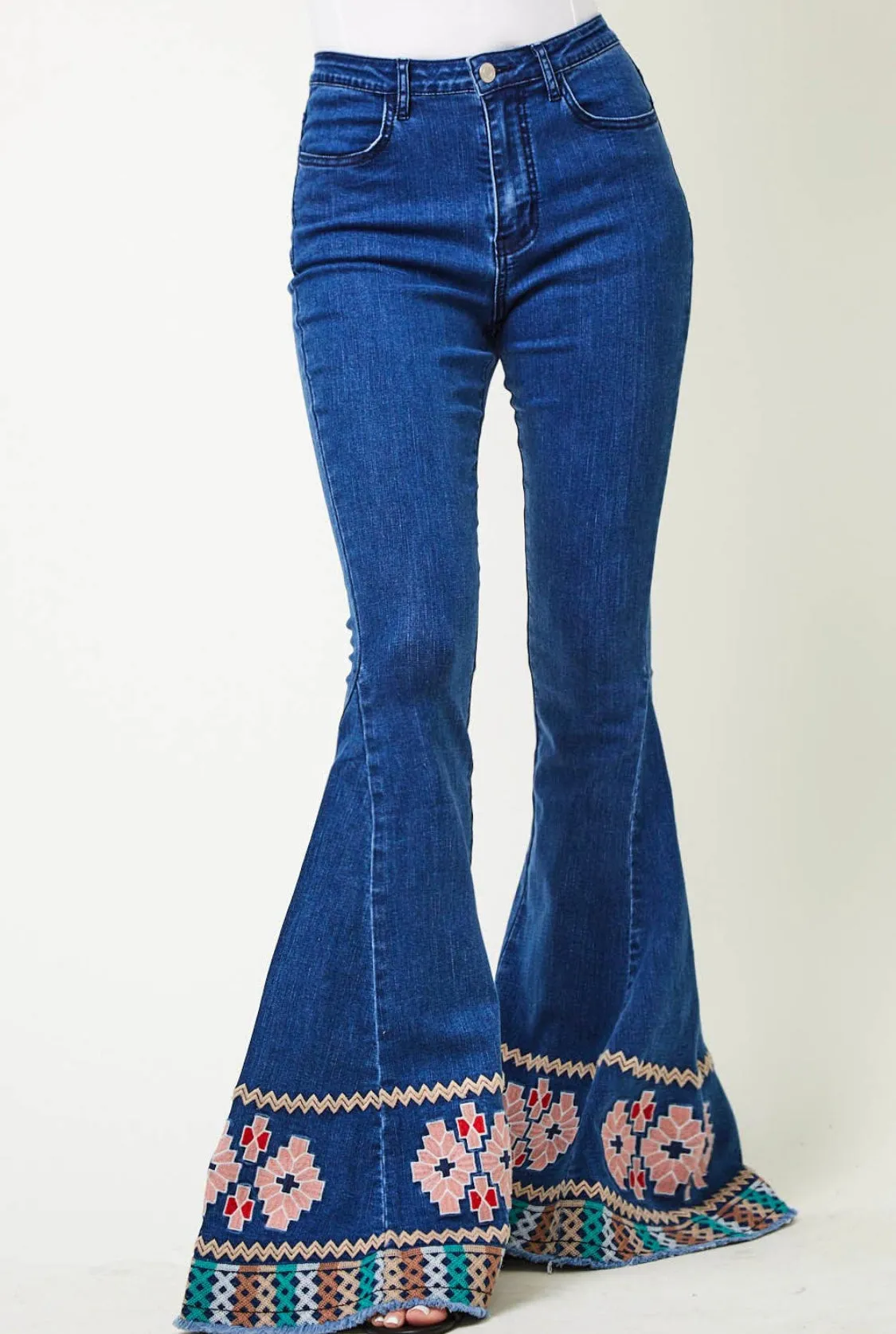 Peace, Love and Embroidered Hem Flare Jeans