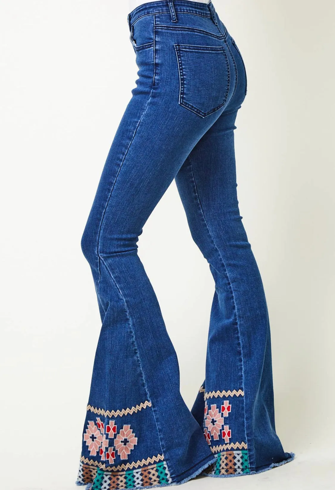Peace, Love and Embroidered Hem Flare Jeans
