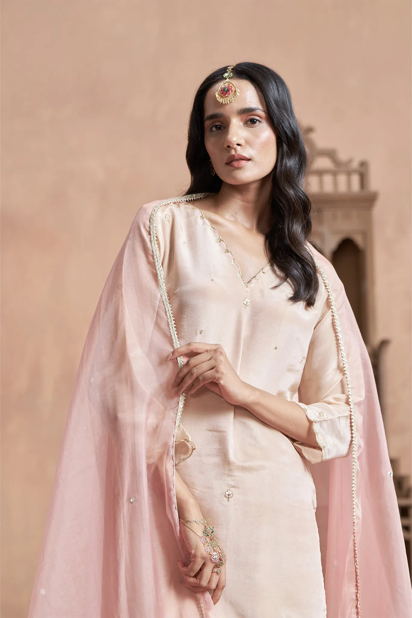 Pearl Blush Shimmer Tissue Kurta Set