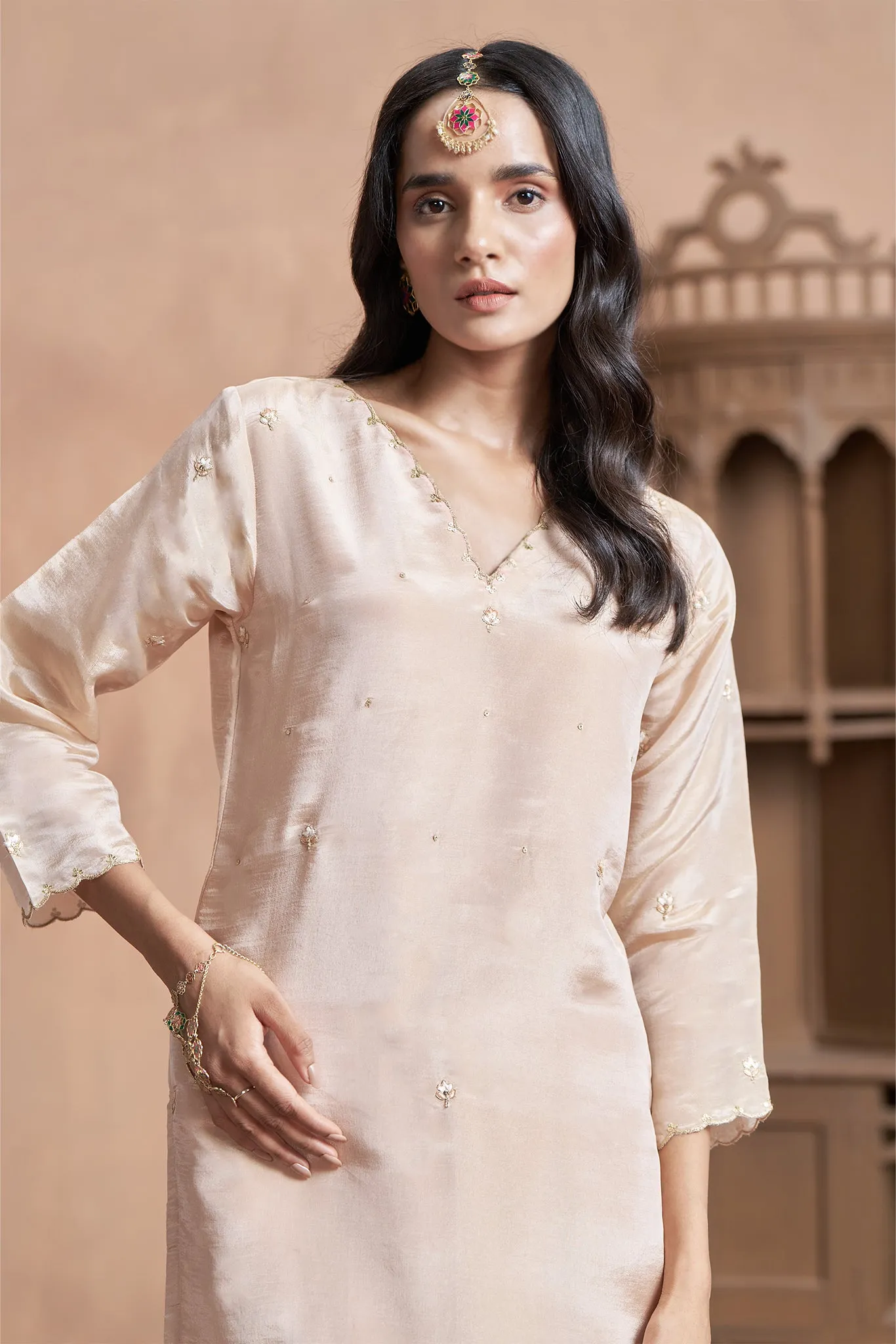 Pearl Blush Shimmer Tissue Kurta Set