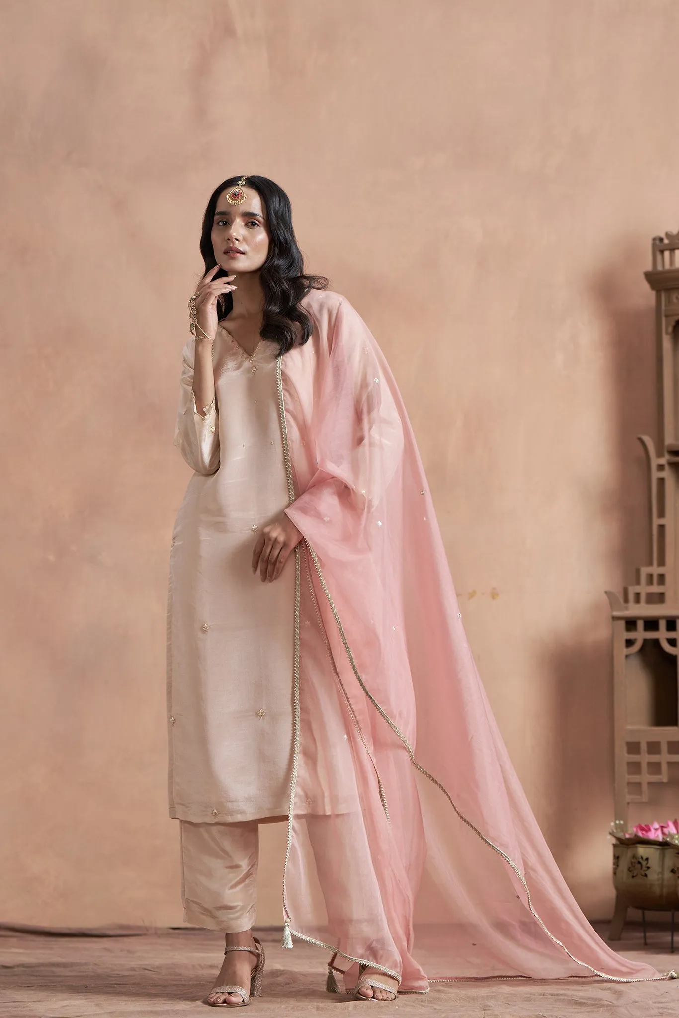 Pearl Blush Shimmer Tissue Kurta Set