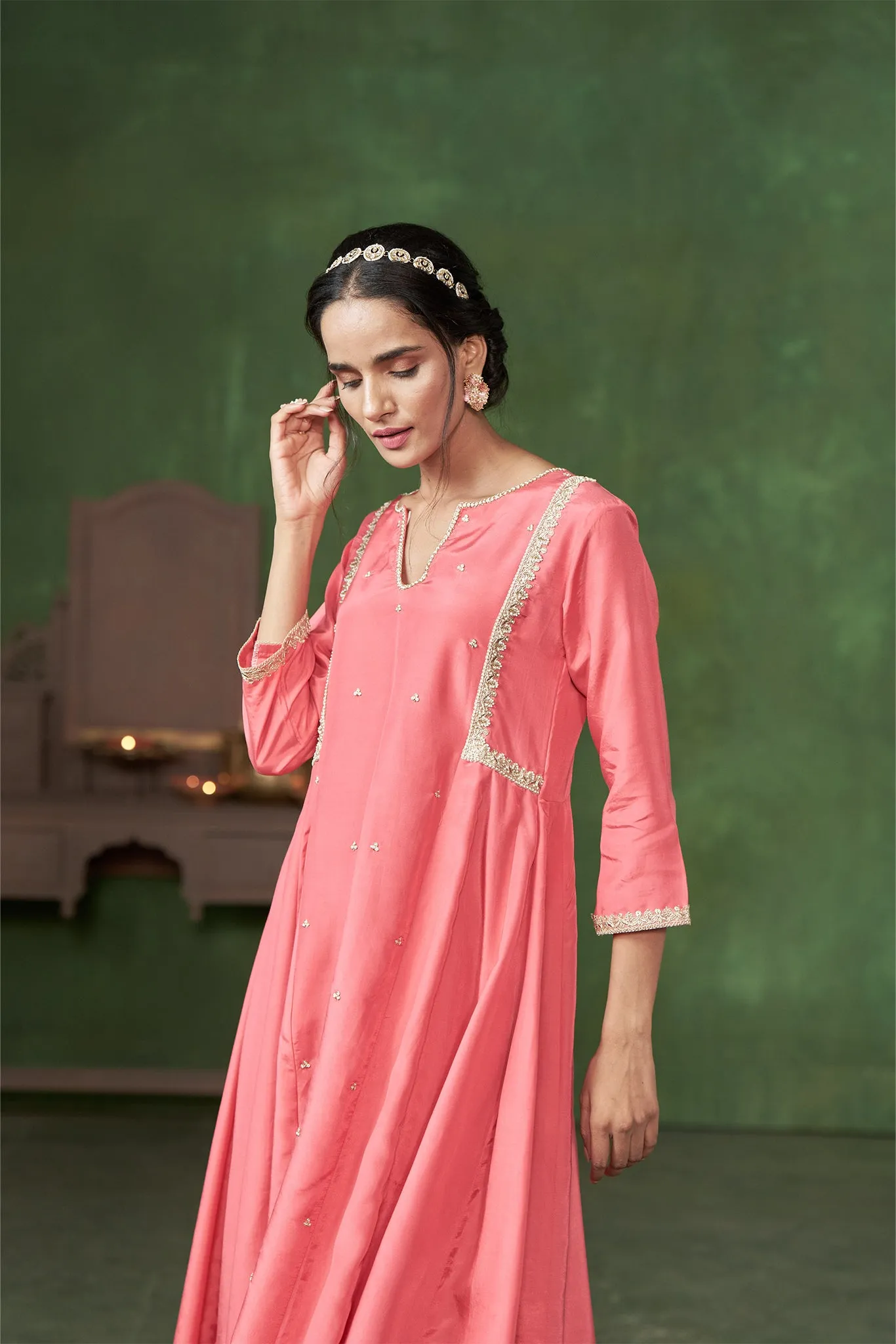 Pink A-Line Kurta with Handwork