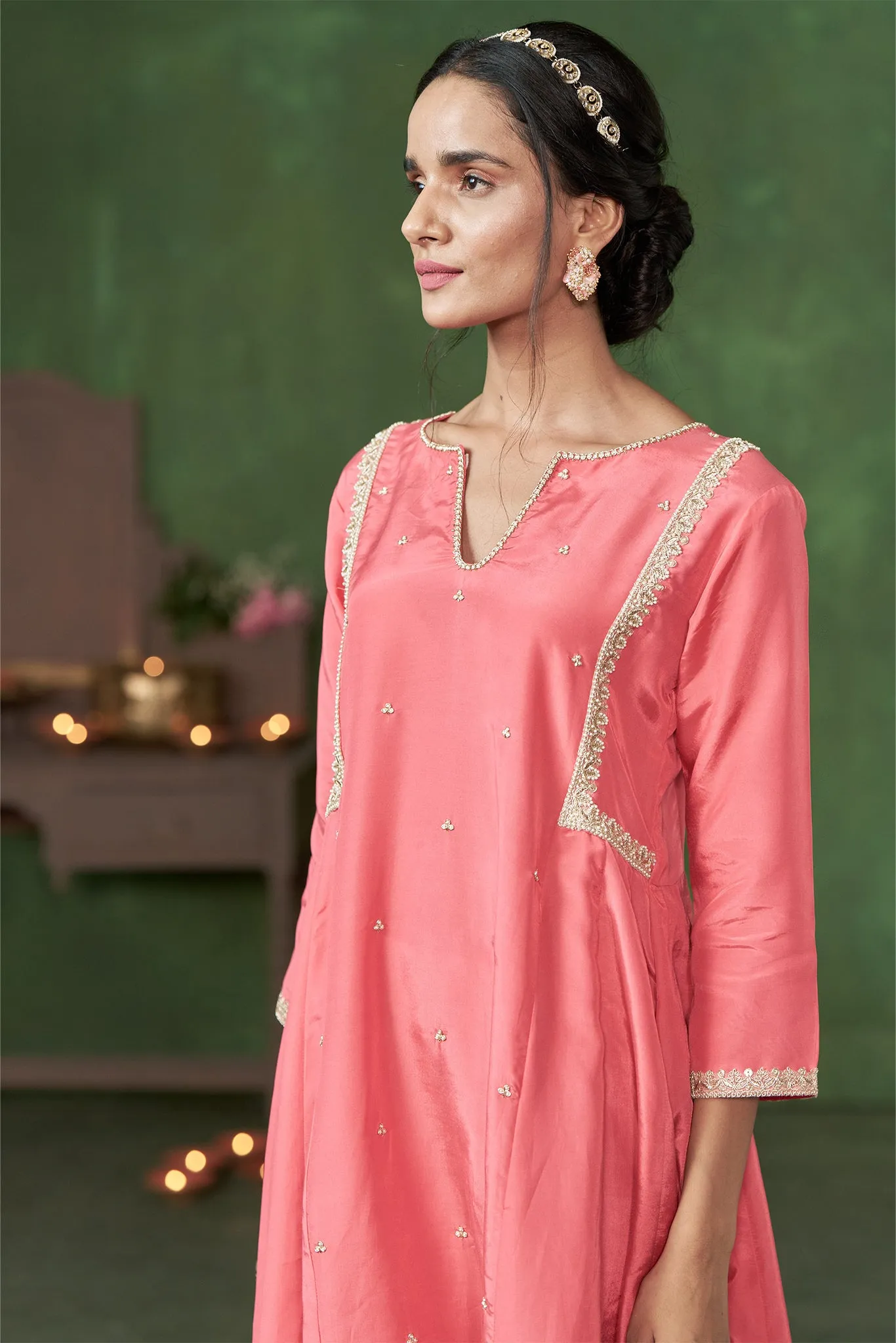 Pink A-Line Kurta with Handwork