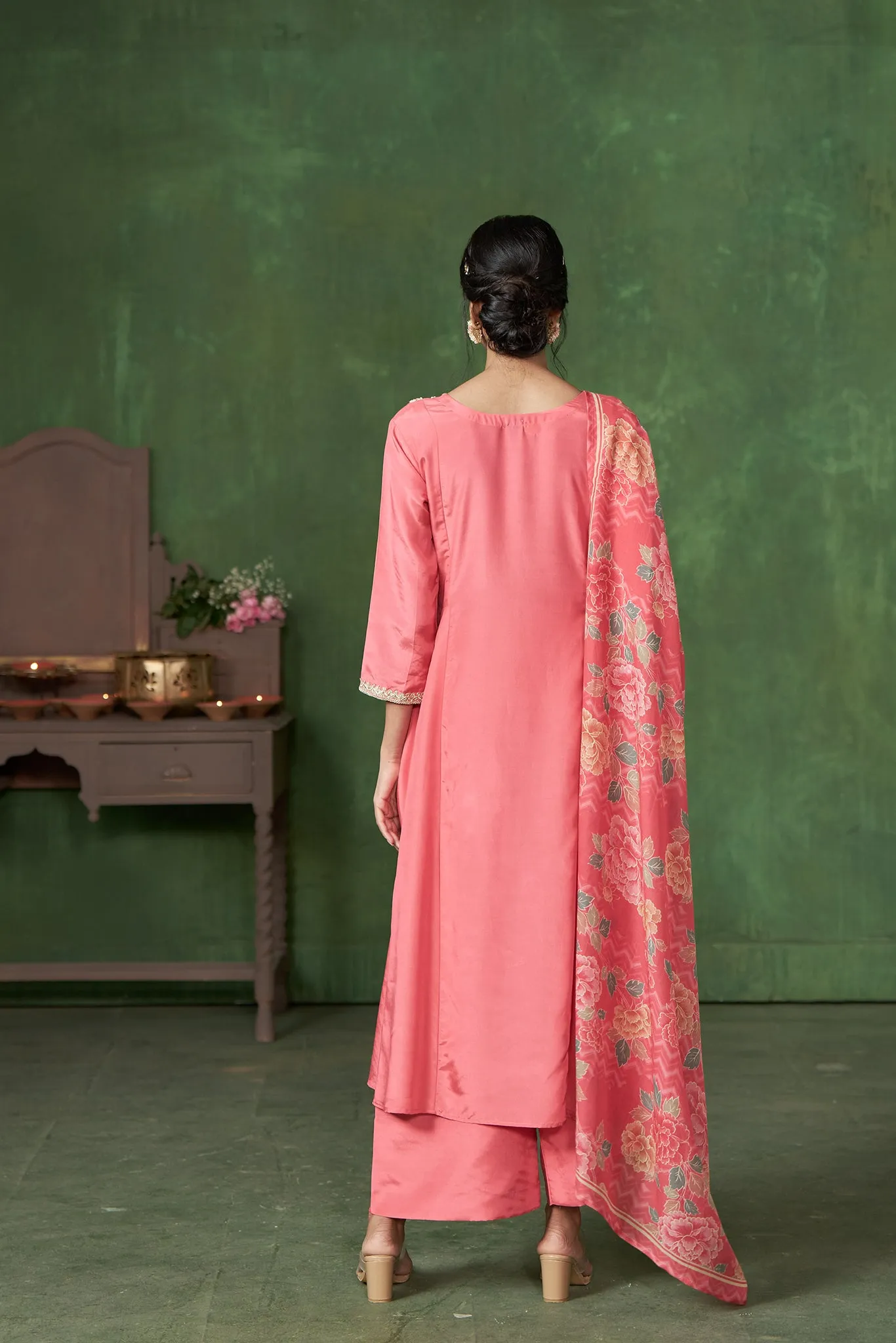 Pink A-Line Kurta with Handwork