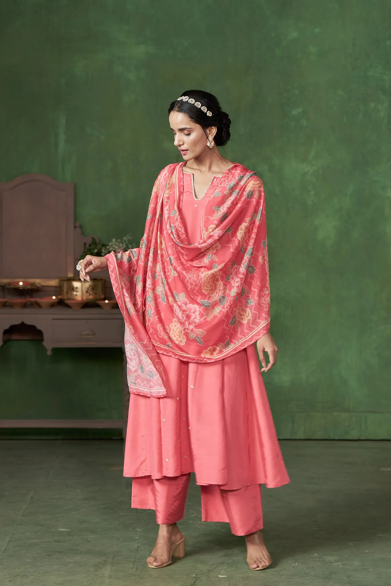 Pink A-Line Kurta with Handwork