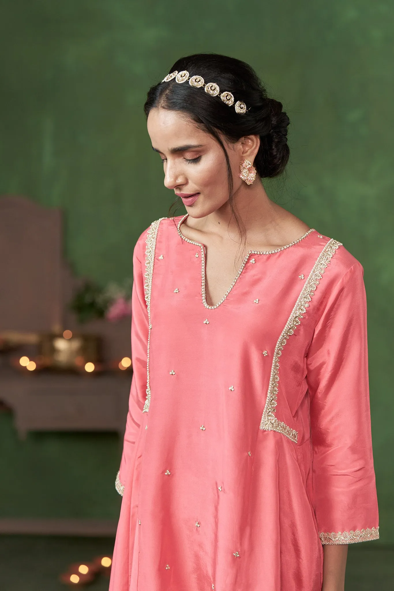 Pink A-Line Kurta with Handwork