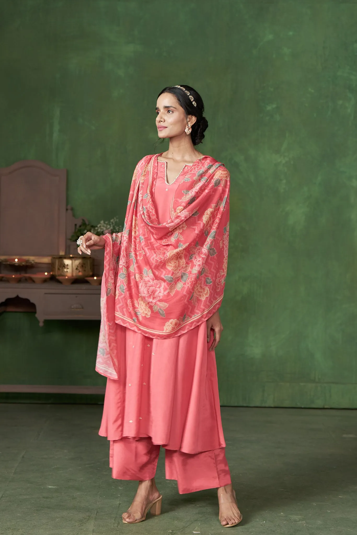 Pink A-Line Kurta with Handwork