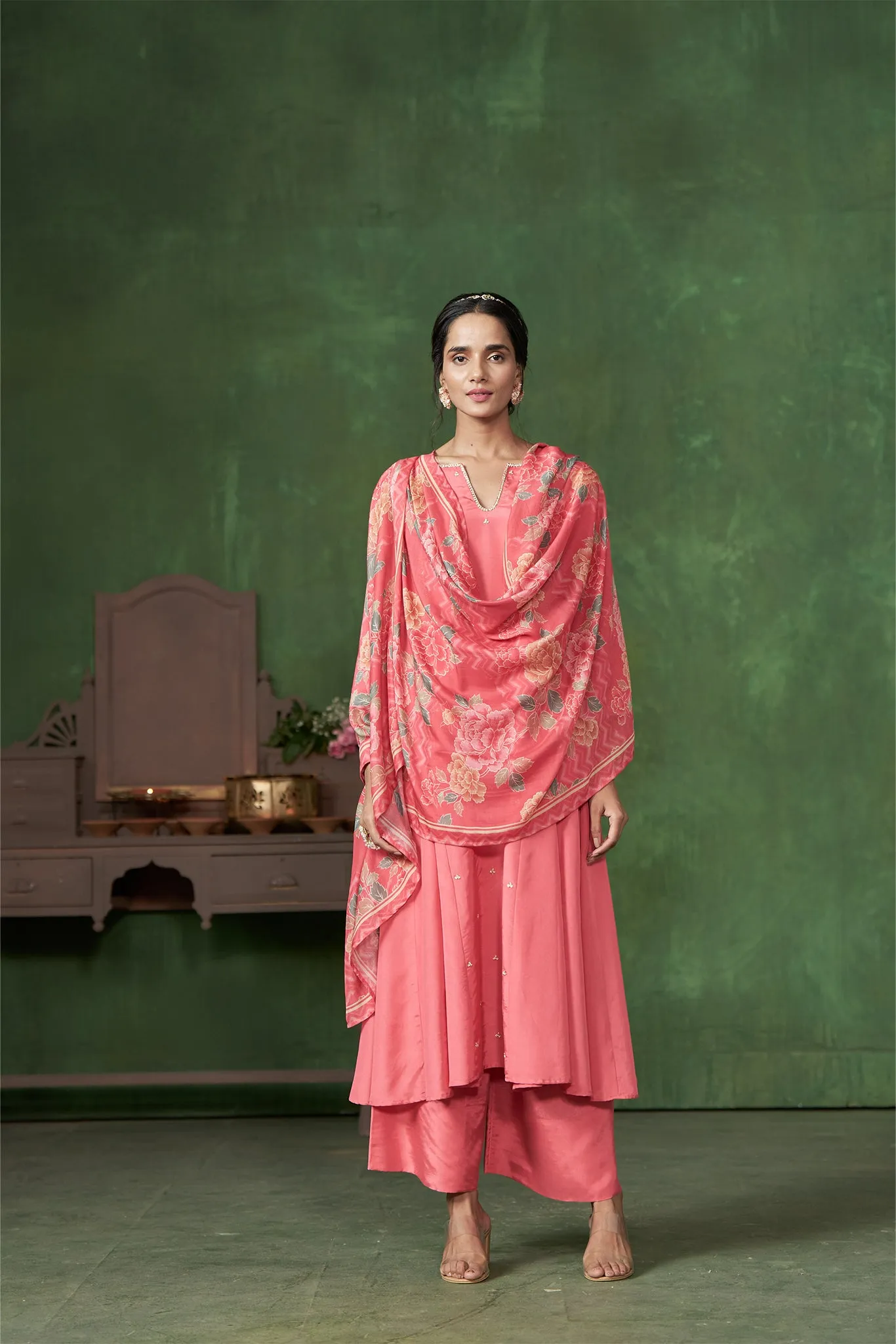 Pink A-Line Kurta with Handwork