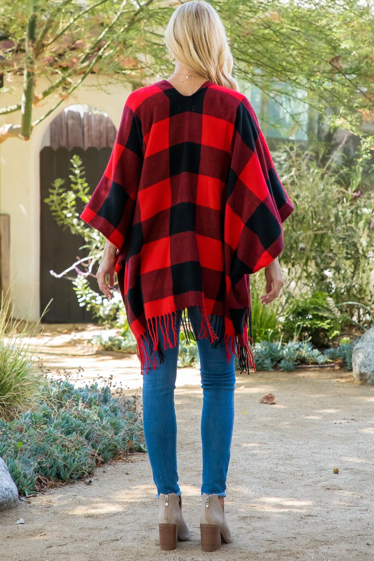 PLAID OPEN FRONT FRINGE KIMONO