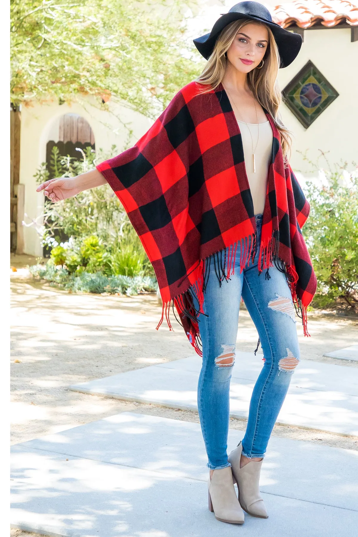 PLAID OPEN FRONT FRINGE KIMONO