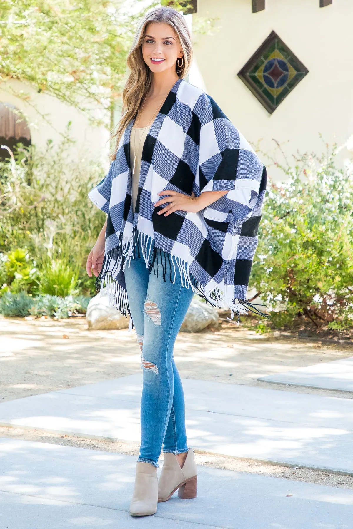 PLAID OPEN FRONT FRINGE KIMONO