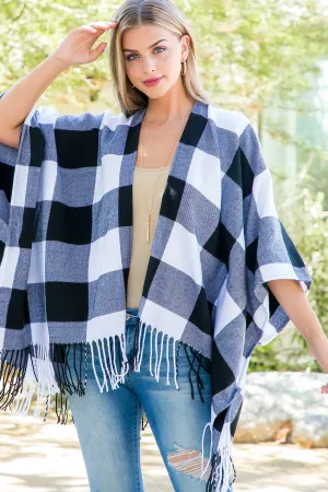 PLAID OPEN FRONT FRINGE KIMONO