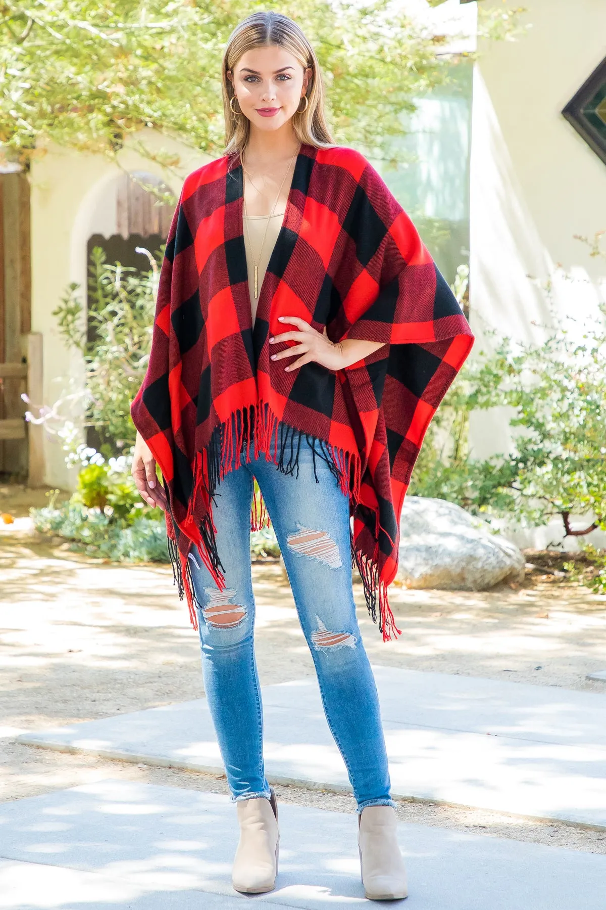 PLAID OPEN FRONT FRINGE KIMONO