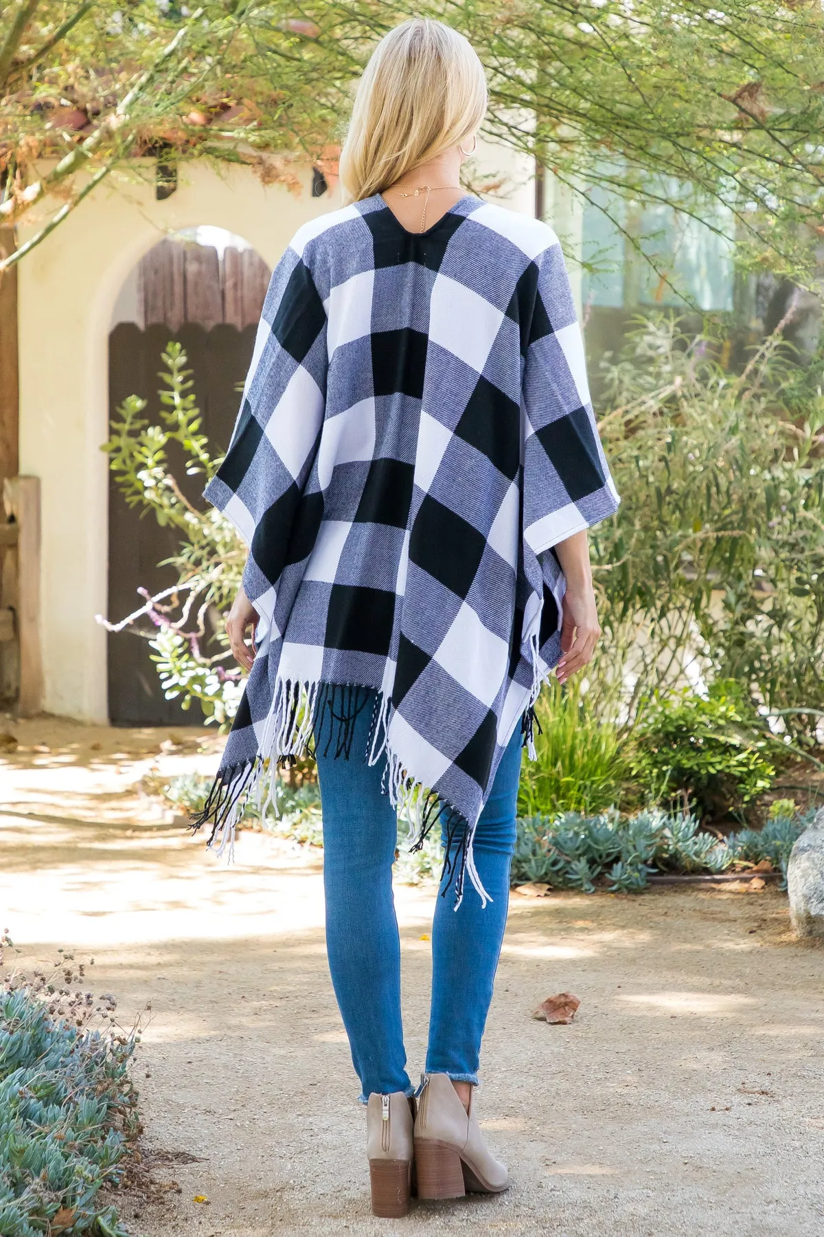 PLAID OPEN FRONT FRINGE KIMONO