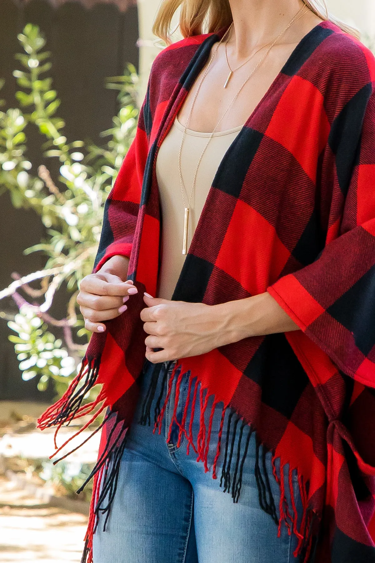 PLAID OPEN FRONT FRINGE KIMONO