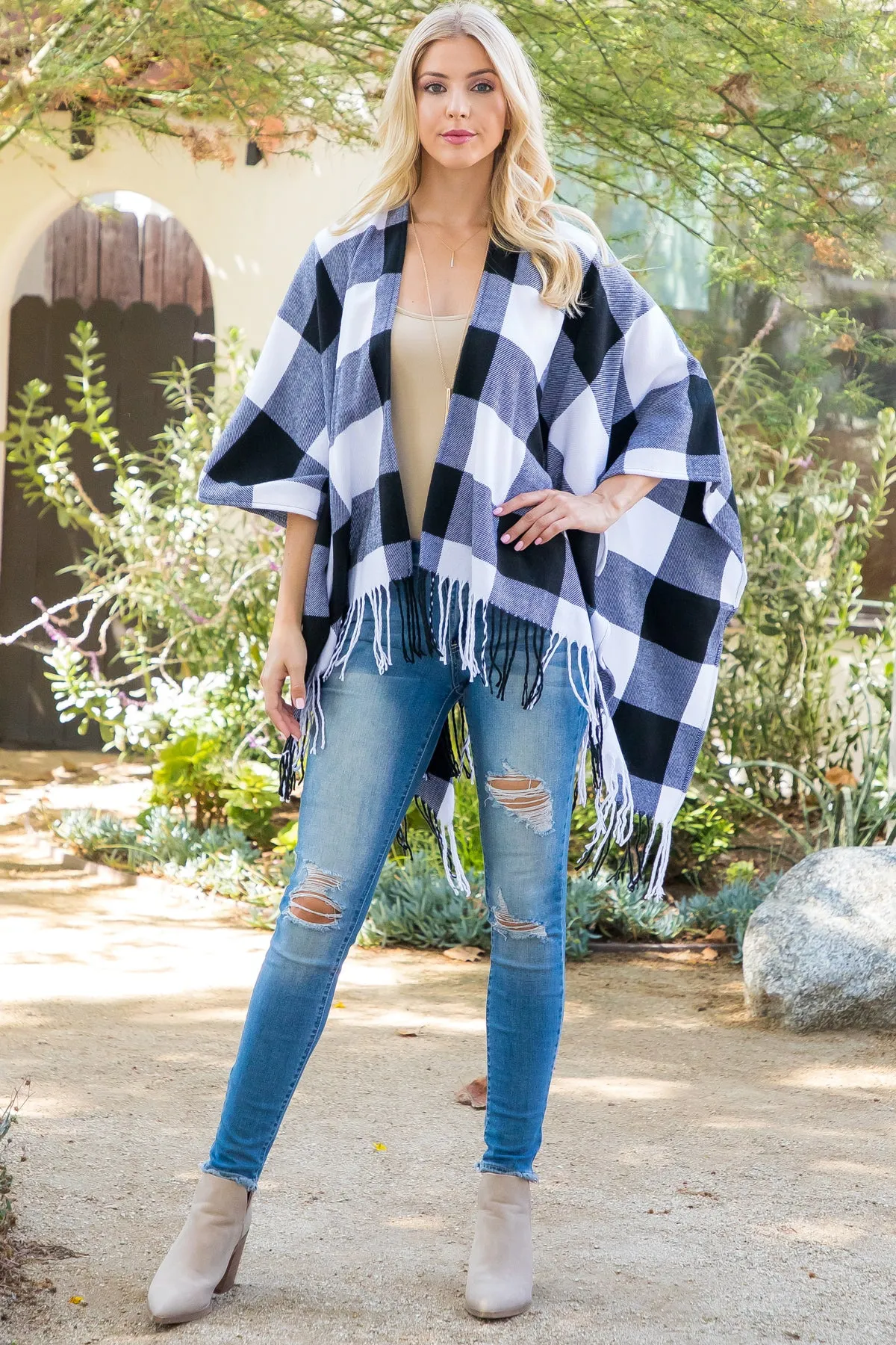 PLAID OPEN FRONT FRINGE KIMONO