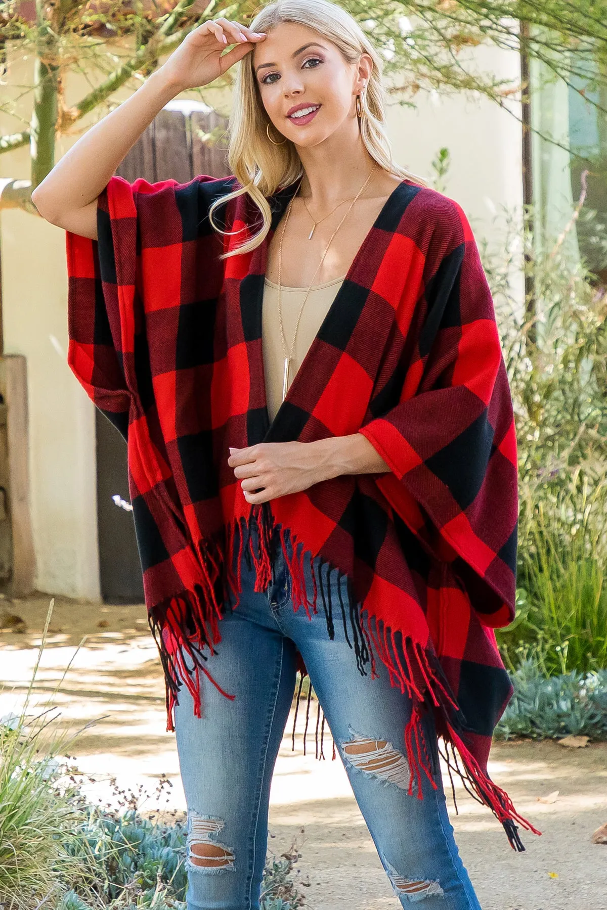 PLAID OPEN FRONT FRINGE KIMONO