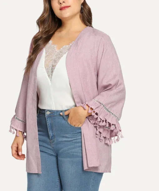 Plus Size Long Sleeved Collarless Jacket Tassel Cuff Cardigan