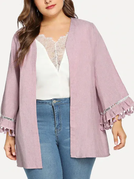 Plus Size Long Sleeved Collarless Jacket Tassel Cuff Cardigan