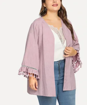 Plus Size Long Sleeved Collarless Jacket Tassel Cuff Cardigan