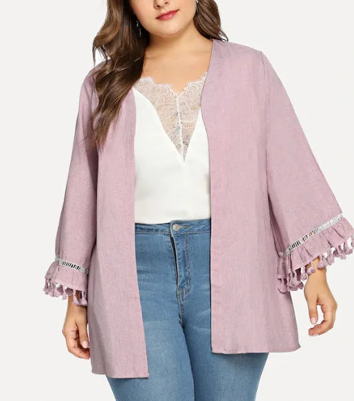 Plus Size Long Sleeved Collarless Jacket Tassel Cuff Cardigan