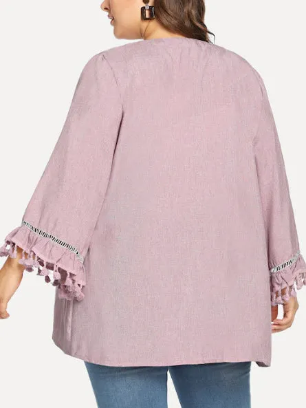 Plus Size Long Sleeved Collarless Jacket Tassel Cuff Cardigan