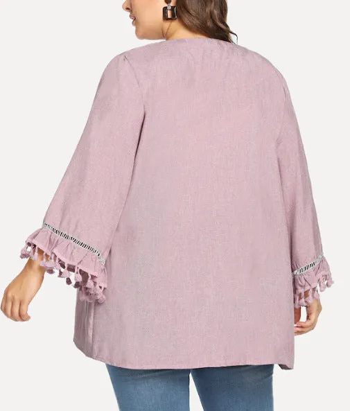 Plus Size Long Sleeved Collarless Jacket Tassel Cuff Cardigan