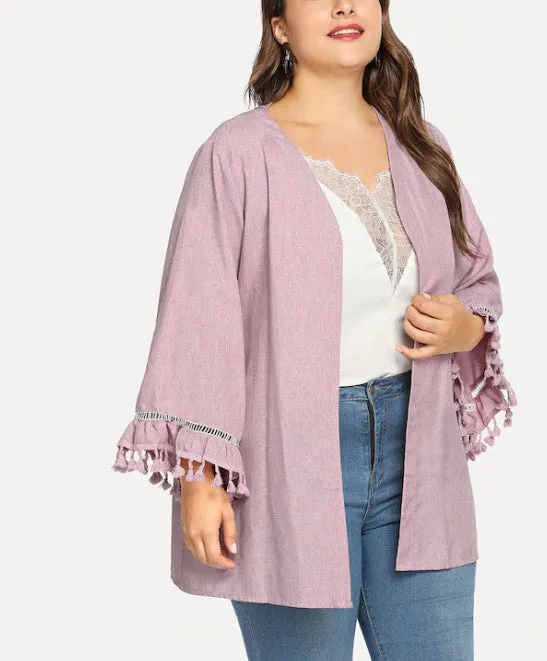 Plus Size Long Sleeved Collarless Jacket Tassel Cuff Cardigan