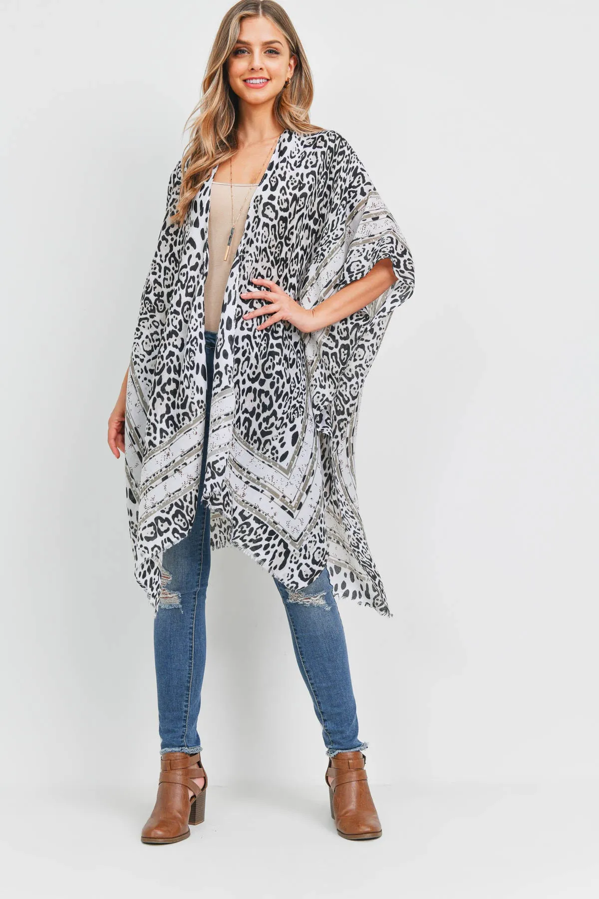 PN222X112 - GRAY BORDERED LEOPARD PRINT OPEN FRONT KIMONO