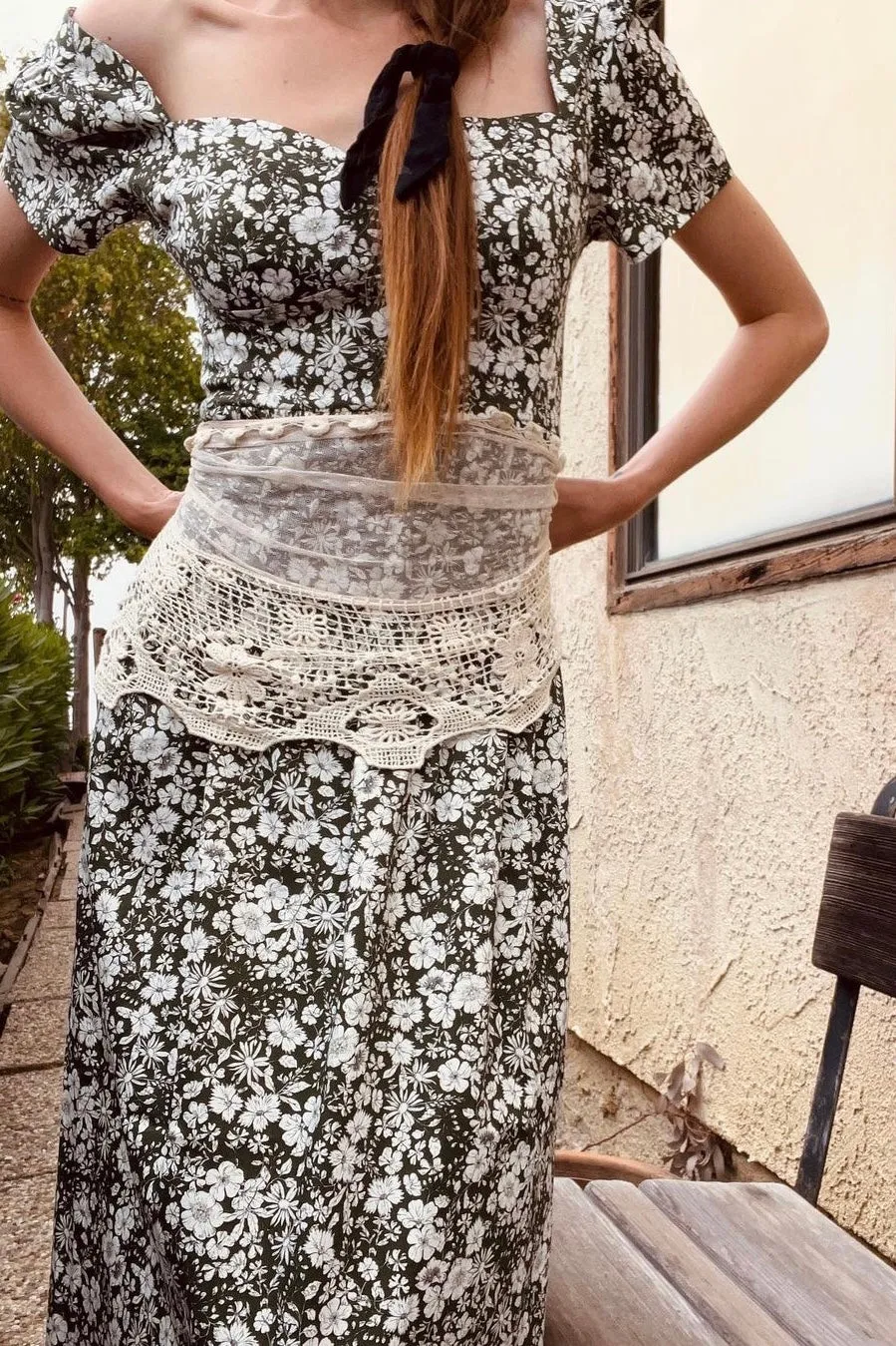 Poppy Maxi Dress with a Sweetheart Neckline and Sculpted Bodice / Forest Green   Vintage White Floral Cotton