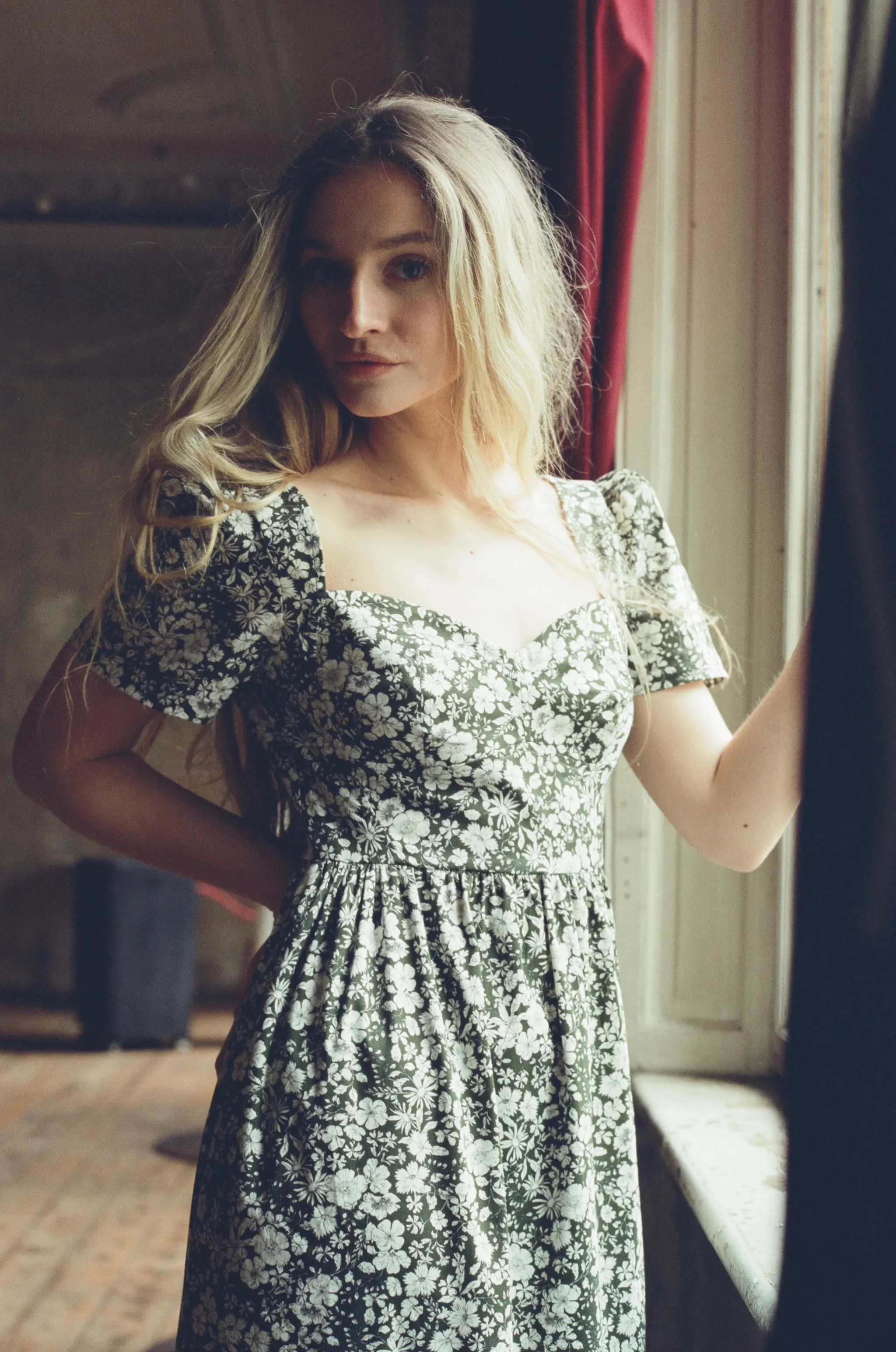 Poppy Maxi Dress with a Sweetheart Neckline and Sculpted Bodice / Forest Green   Vintage White Floral Cotton