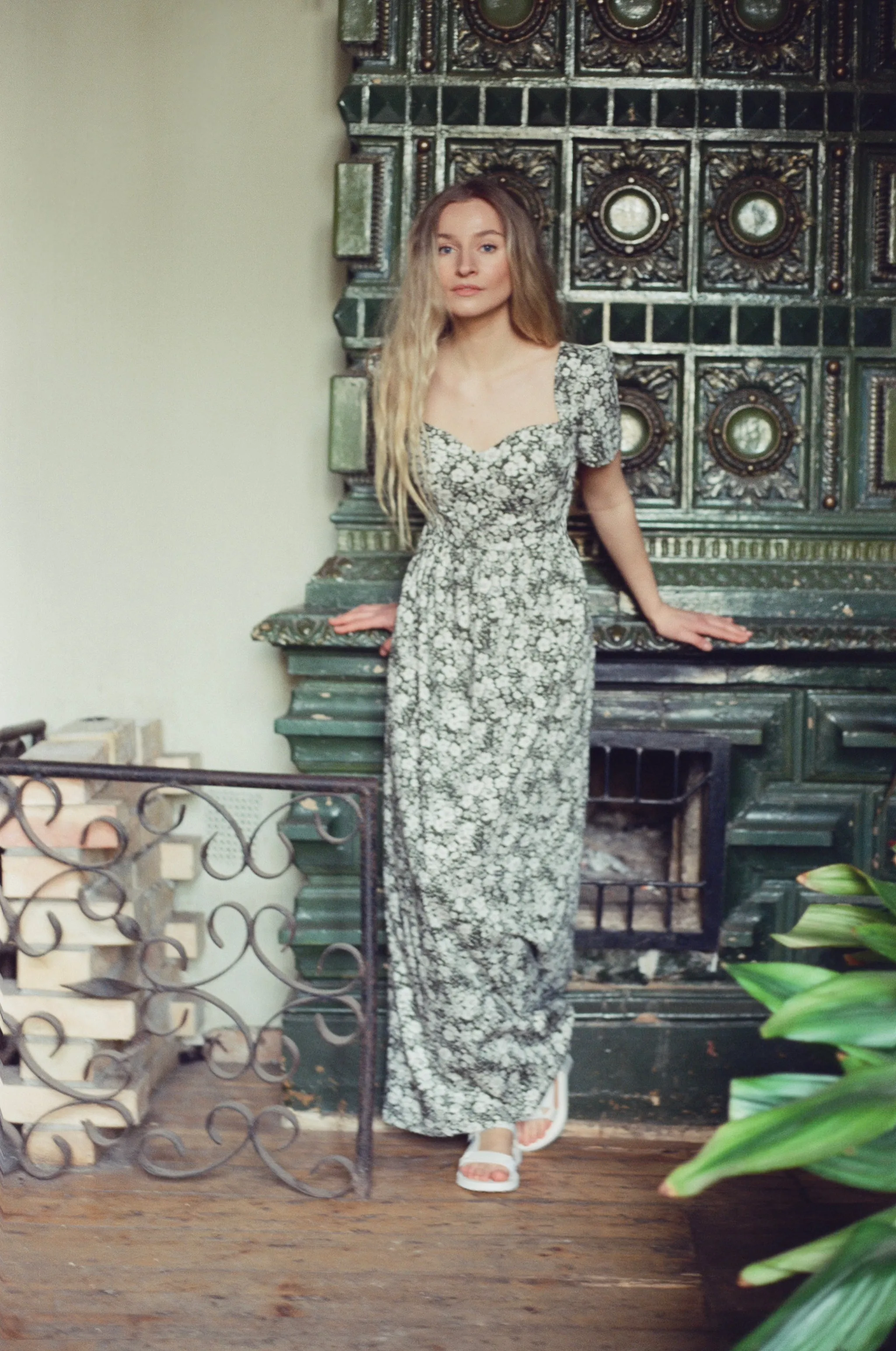 Poppy Maxi Dress with a Sweetheart Neckline and Sculpted Bodice / Forest Green   Vintage White Floral Cotton