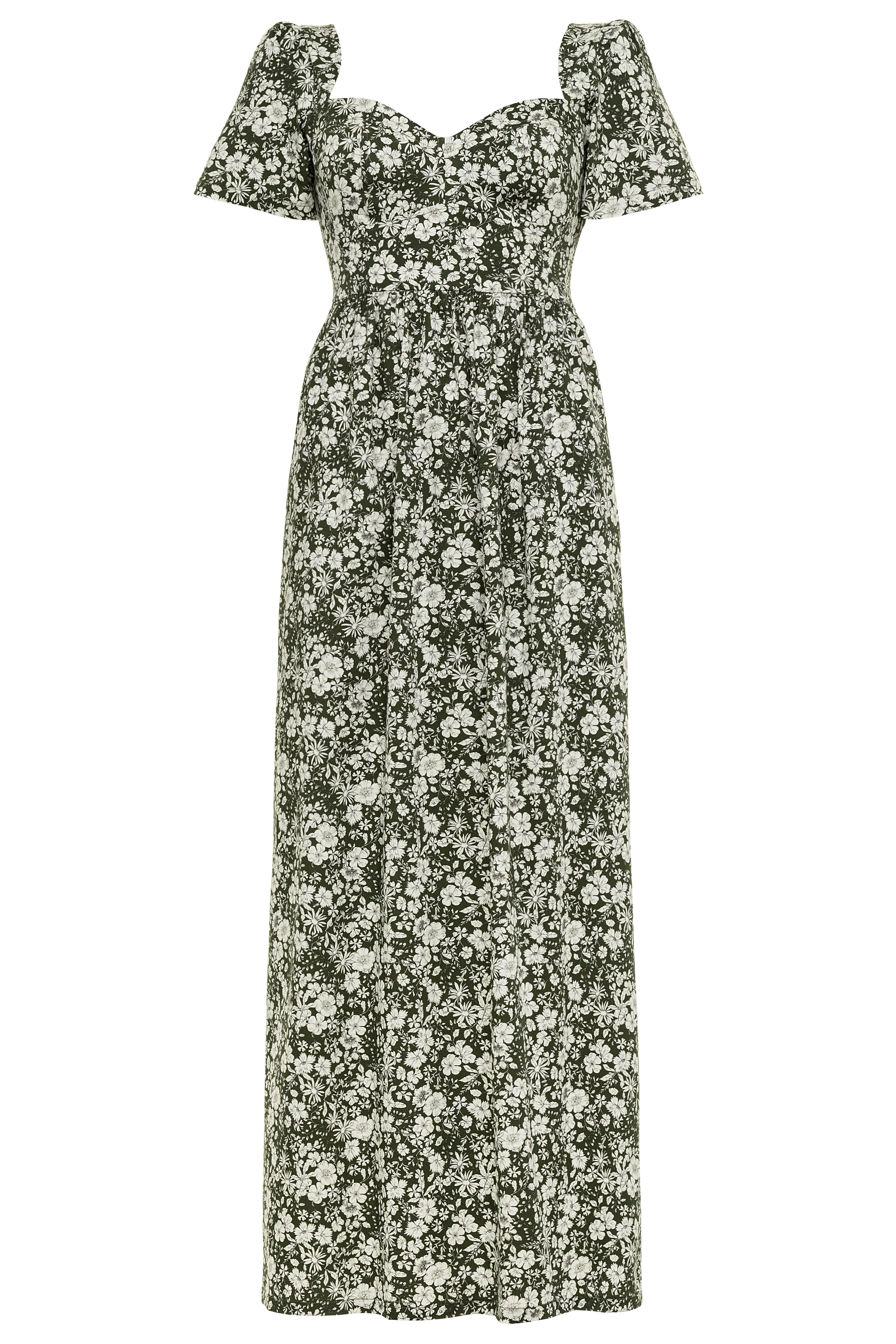 Poppy Maxi Dress with a Sweetheart Neckline and Sculpted Bodice / Forest Green   Vintage White Floral Cotton