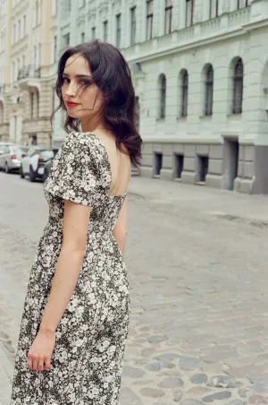 Poppy Maxi Dress with a Sweetheart Neckline and Sculpted Bodice / Forest Green   Vintage White Floral Cotton
