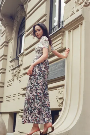 Poppy Maxi Dress with a Sweetheart Neckline and Sculpted Bodice / Mixed Floral Cotton