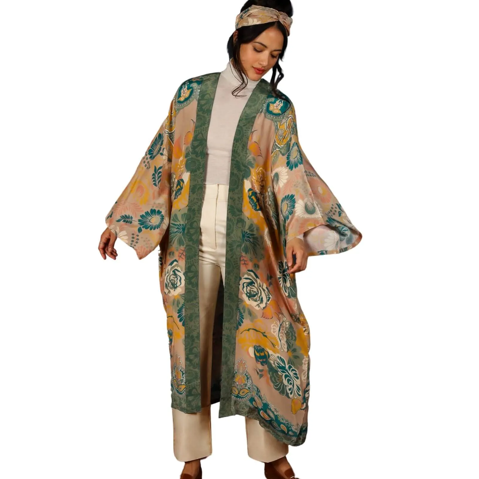 Powder Folk Art Floral Luxury Kimono Gown