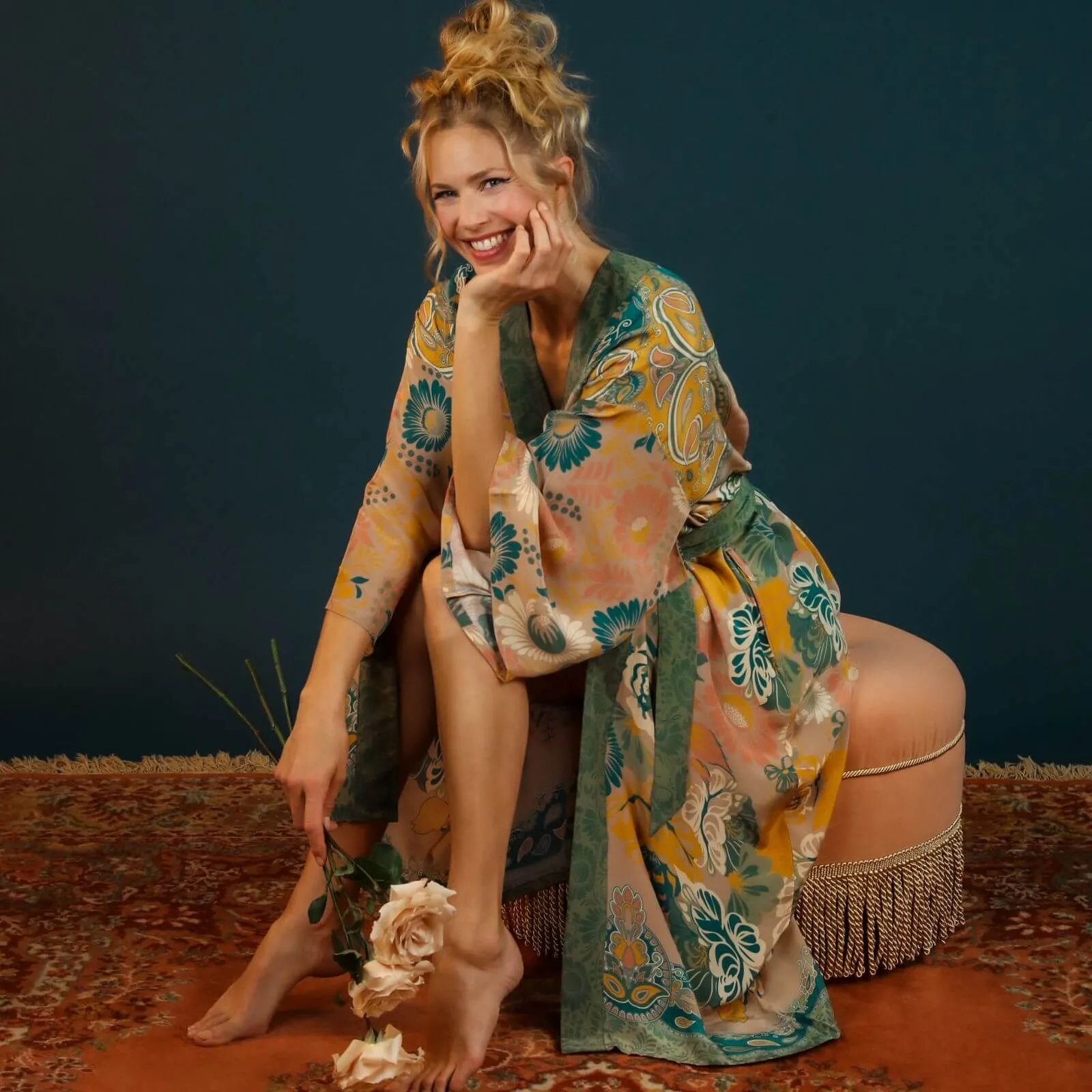 Powder Folk Art Floral Luxury Kimono Gown