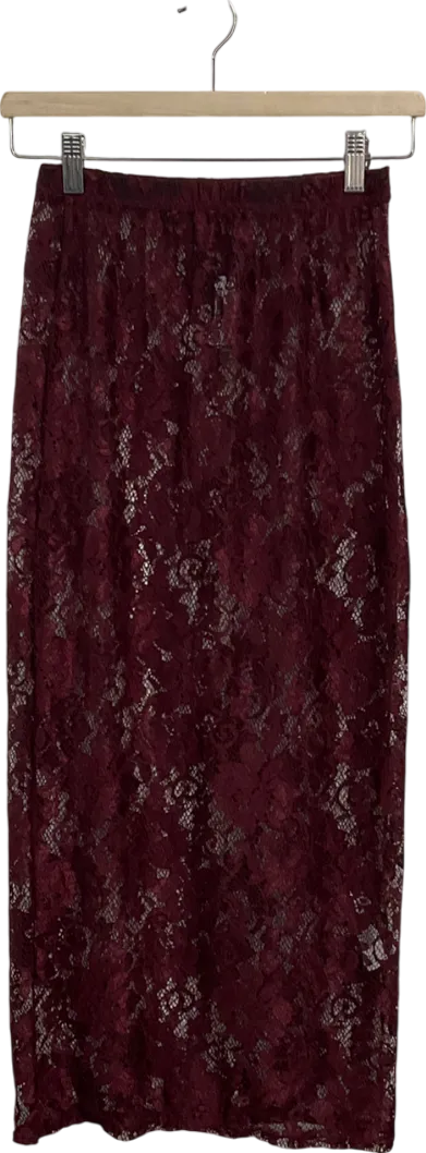 PrettyLittleThing Red Burgundy Lace Floral Maxi Skirt UK 6